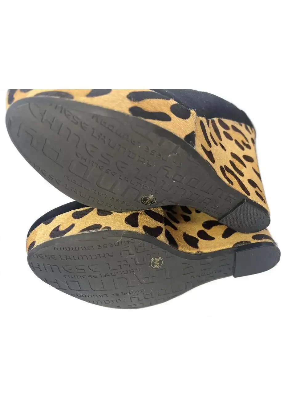 Chinese Laundry Black Suede Wedge Heels Leopard Print Platform Size 8.5 NWOT